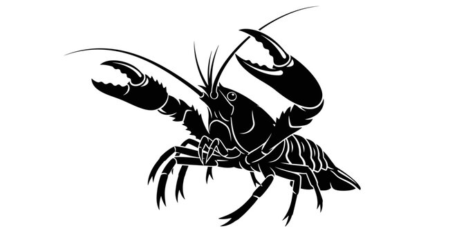 Black silhouette of a crawfish with raised claws on a white background
