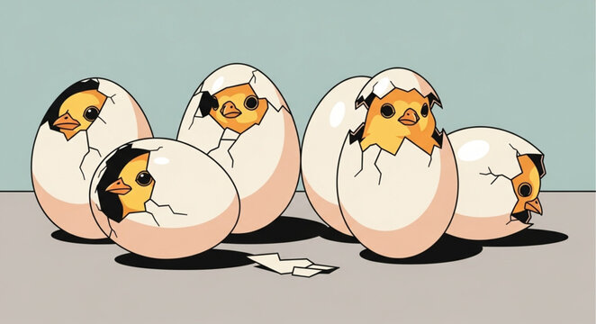 Cute Cartoon Chick Eggs with Faces and Expressions.