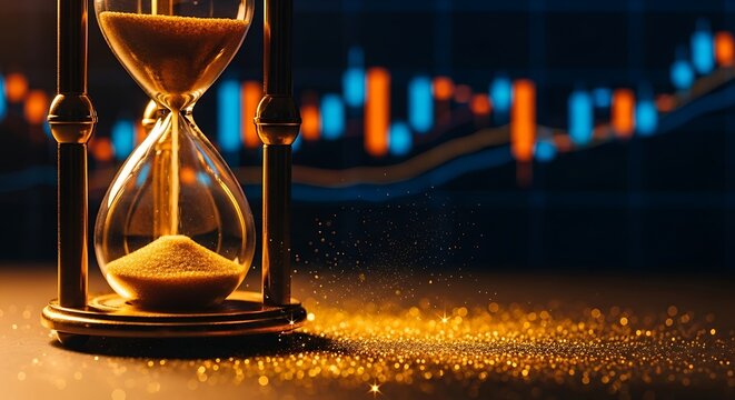 Hourglass with golden sand against futuristic city lights background