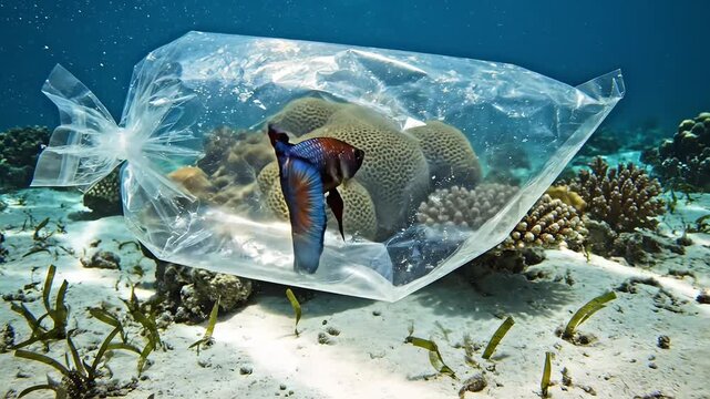 Fish trapped in plastic bag underwater ideal for travel vlogs and eco-friendly campaigns