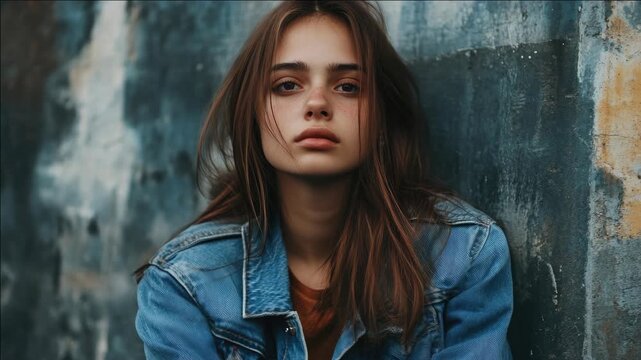 A young woman with long red hair posing in a denim jacket against a textured background.