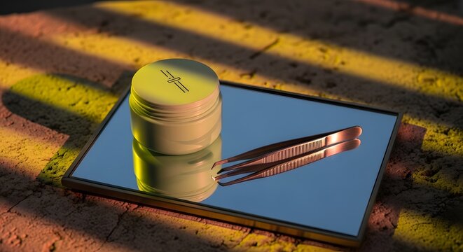 Cosmetic Product Display on Reflective Tray with Tools