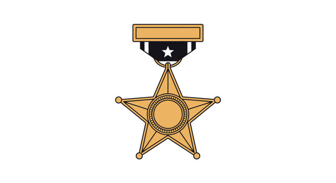 Detailed vector illustration of a gold five-pointed star military medal featuring a central circular emblem and blue ribbon with a white star, isolated on a white background.