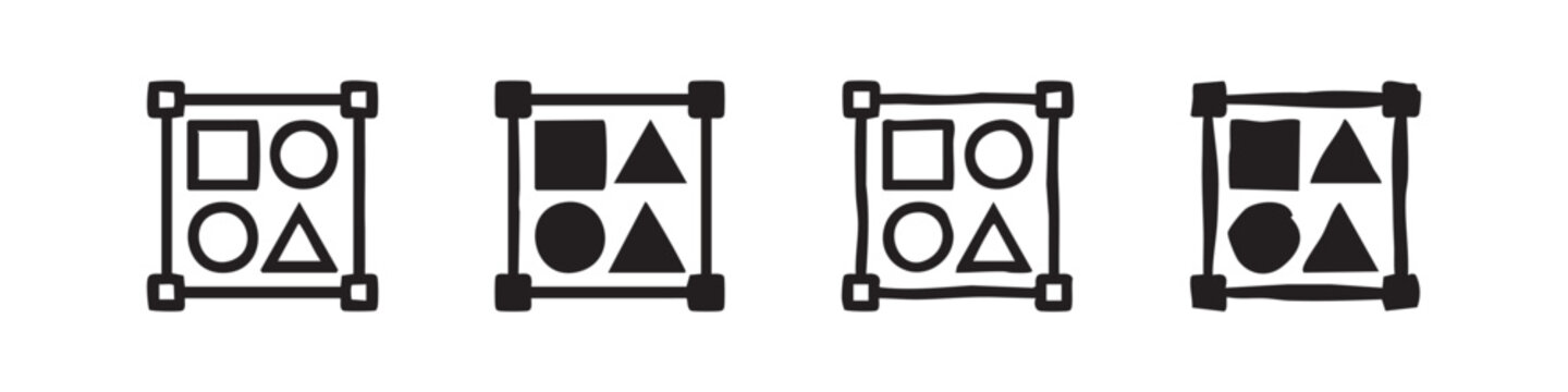 Four stylized icons representing shape sorting or matching games