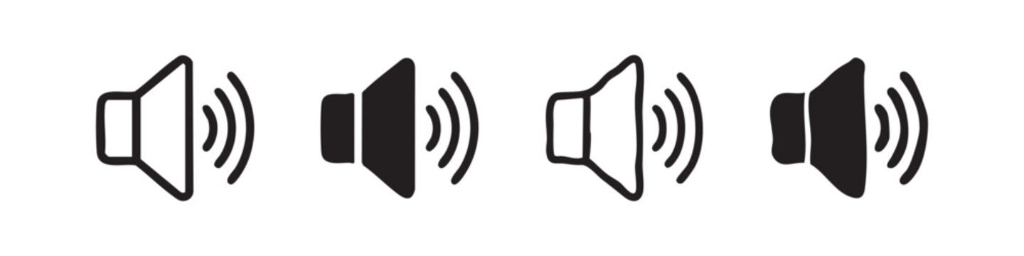 Four stylized icons of speakers or sound volume controls