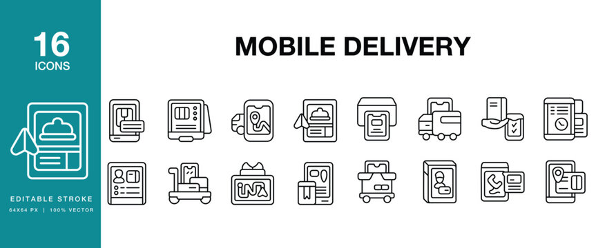 Mobile Delivery icon set. Includes mobile, delivery, app, application, courier, shipping and More. Editable Stroke Icon Collection.