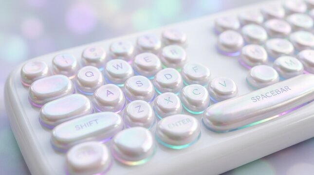 Dreamy white keyboard with holographic pearl keycaps and pastel backlight