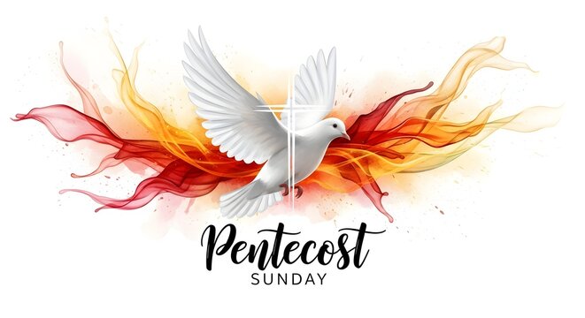 White dove flying through red and yellow flames on pentecost sunday