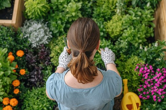 Top view of woman wearing gloves tending to various plants and herbs in home garden with yellow watering can. High quality photo