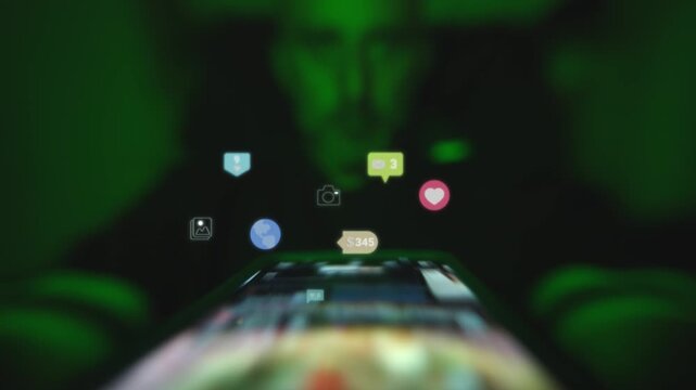 Futuristic smart device interaction featuring social media elements and icons floating in a dark green environment