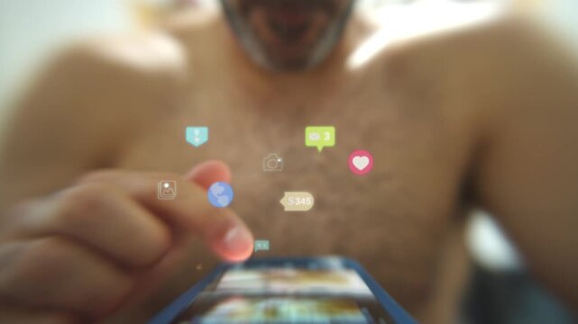 Social media Wasting Time Online Shirtless man with Floating Hearts, Comments, likes and Swiping Action
