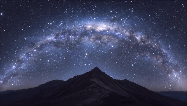 The Secret Life of Stars Mountain silhouette under starry night sky with galaxy arch, glowing space horizon, serene cosmic landscape and bright stars over dark peak