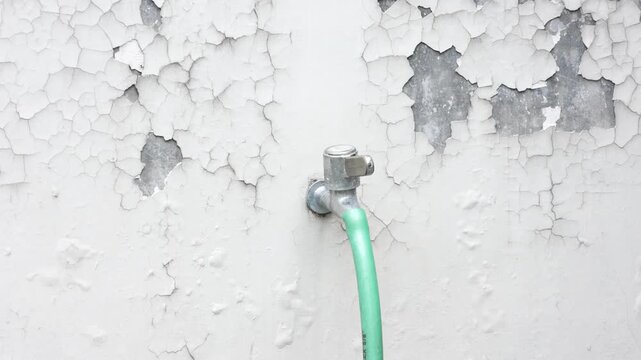 Peeling paint covers a weathered wall. Green hose pipe protrudes from a metal faucet. Dried water stains mark the surface. The scene suggests neglect or prolonged use. Ideal for construction
