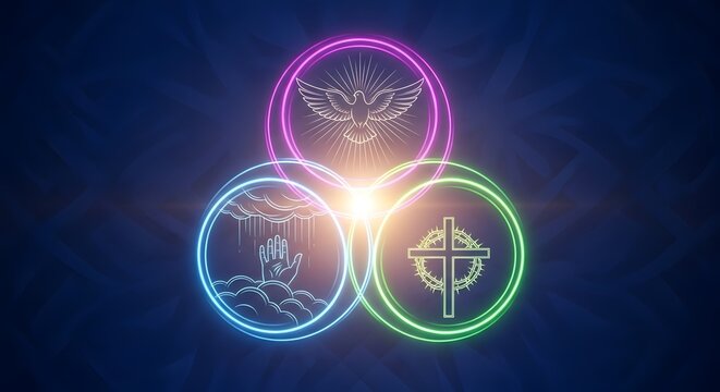 Neon trinity symbol with dove, hand, and cross in pink, blue, and green