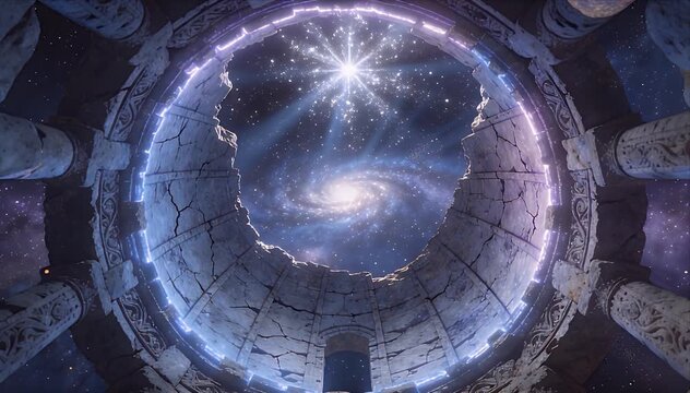 The Secret Life of Stars Ancient galaxy stars night sky circular stone ruin glowing portal arch with cosmic spiral light and mystic space architecture under constellations and universe glow