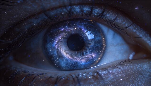 The Secret Life of Stars Galaxy eye with stars in night sky, cosmic blue iris glowing in dark space, blue cosmic iris and dark pupil surreal vision concept