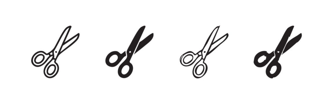Four scissor icons in outline and solid black variations