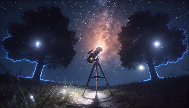 The Secret Life of Stars telescope stars night sky with galaxy glow and moonlight dark landscape, night sky galaxy stars telescope, night sky stars galaxy telescope tripod dark tree silhouette grass