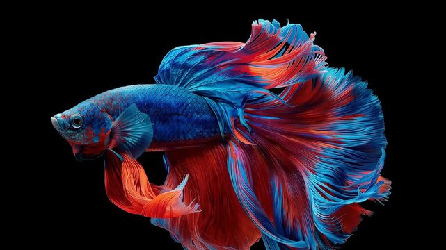 Betta fish blue red long fin flowing fin tropical aquatic underwater beauty graceful Siamese fighting fish vibrant swirling tail motion