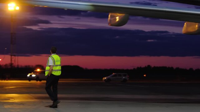 Airplane aircraft technic man inspection. Airport terminal technician worker man inspecting airline maintenance ground crew aircraft. Safety at evening night.