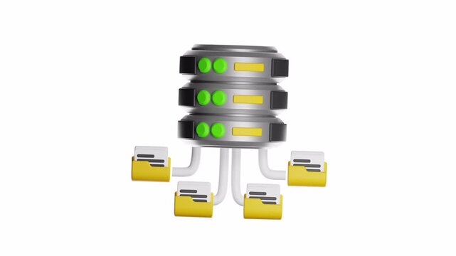 3d ux icon motion database server connected to folder icons. Perfect for illustrations on data management, file organization, technology, and it infrastructure concepts.