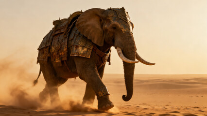 Fototapeta premium Armored elephant majestically traverses a sunlit desert, stirring up dust. A powerful, ancient beast embodying wild strength and enduring resilience