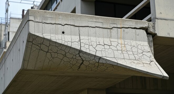 Severe concrete structural damage with extensive cracking and spalling on building facade