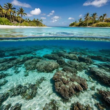 Crystal Clear Turquoise Water Split View: Coral Reef & Tropical Beach