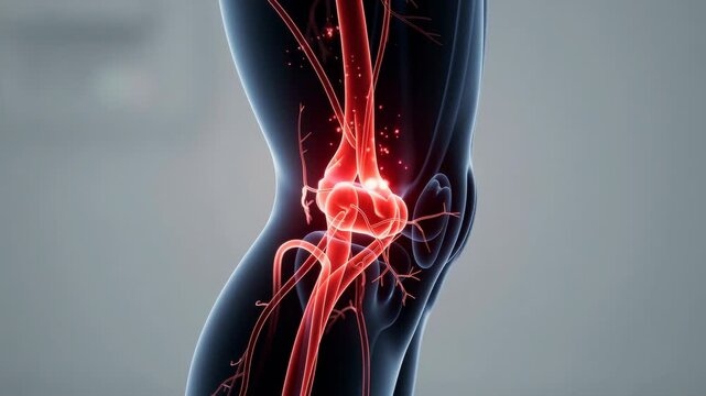 Detailed medical illustration of human knee joint with glowing nerves and blood vessels in red