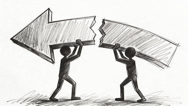 Stick figures carrying a broken arrow representing failed strategy or redirection