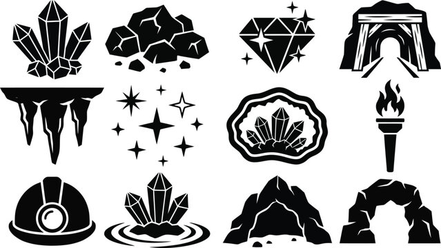 Mining industry element collection vector illustration featuring crystals gemstone tunnel cave stalactite torch helmet and earth mounds for excavation geological exploration and treasure hunter.