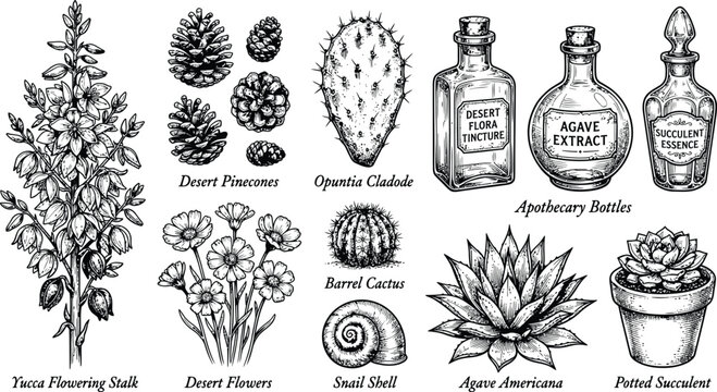 Desert flora botanical collection vector ilustration including yucca flowering stalk opuntia cladode barrel cactus agave americana potted succulent snail shell pinecones and apothecary jars.