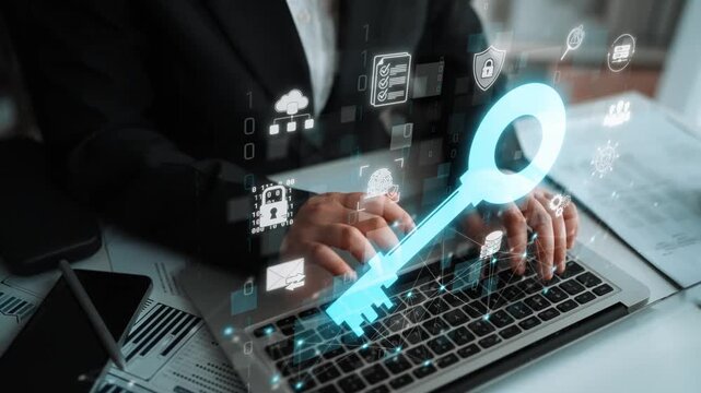 Business person using laptop with digital key interface for cybersecurity and data protection concepts in modern workspace environment Sigmoid