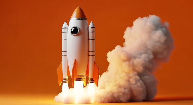 Realistic rocket launch with fiery smoke explosion against gradient background