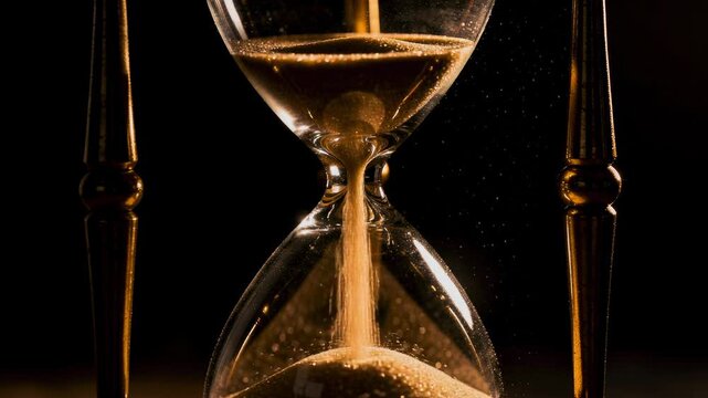 Close up of classic hourglass timer with golden sand flowing symbolizing time and patience