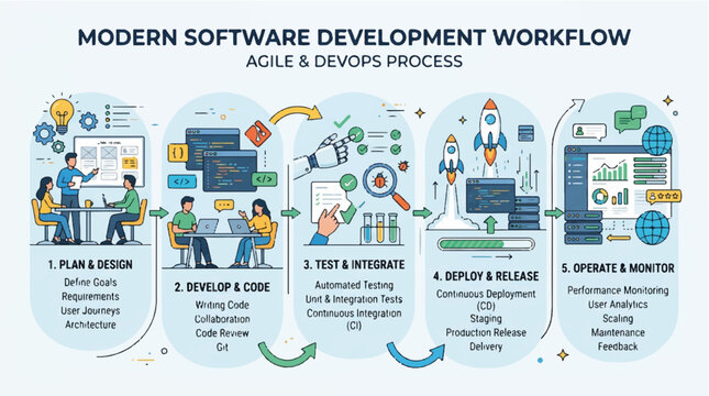 Software development workflow, Agile process, DevOps methodology, modern coding