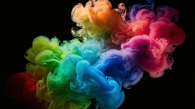 A fantastical diffusion animation of colorful ink spreading across a black background.