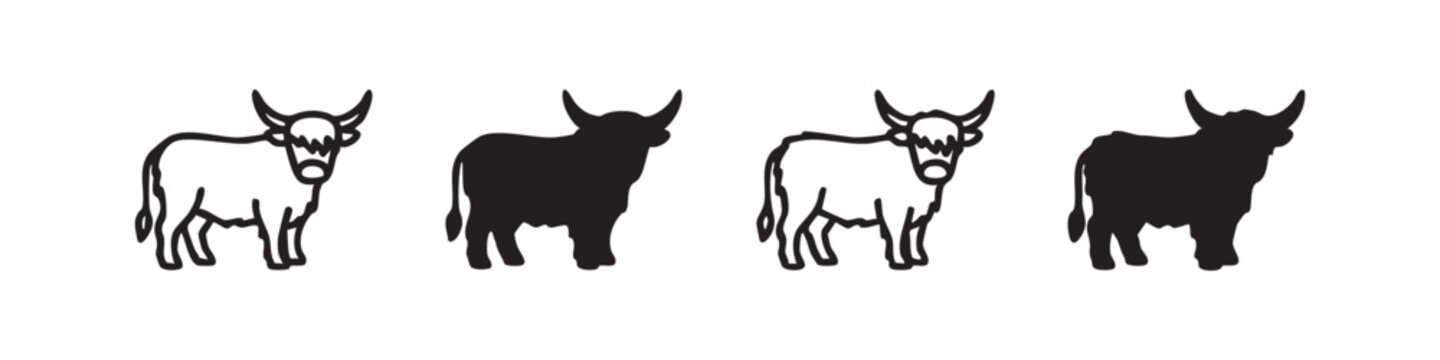 Highland Cow Cattle Set Vector Icon Hand Drawn Style