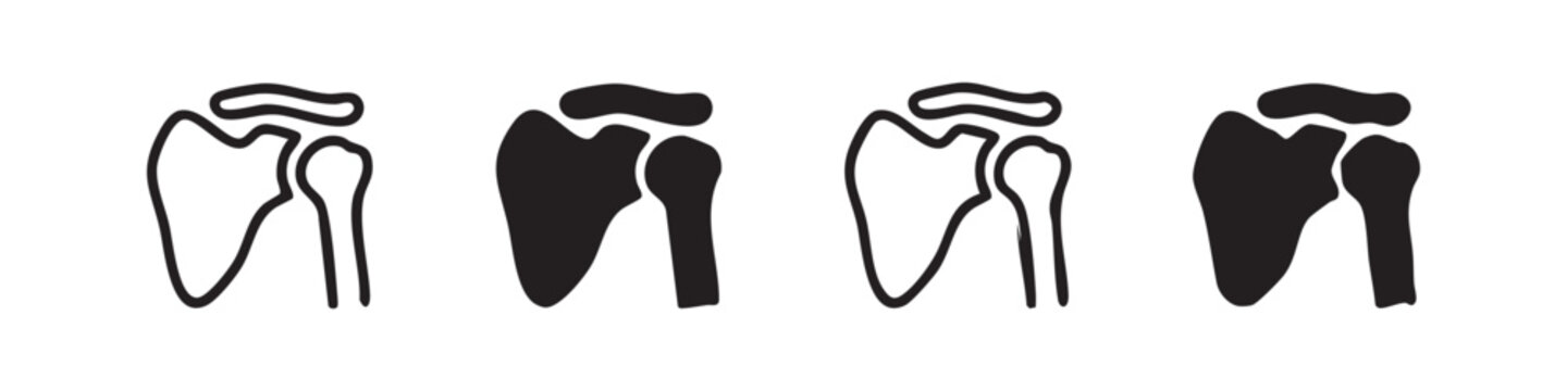 Shoulder joint icon set, human skeletal scapula and humerus vector illustration in outline and solid styles