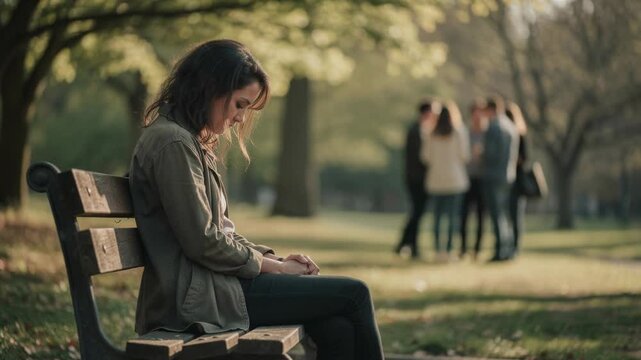 Young woman sitting alone on park bench feeling sad and isolated with group of people in background