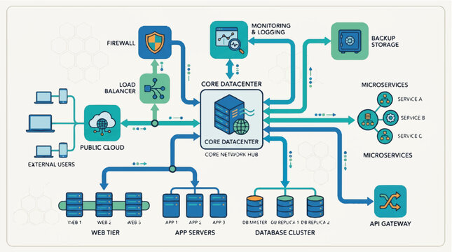 Database architecture, system flowchart, network diagram, data management, core components