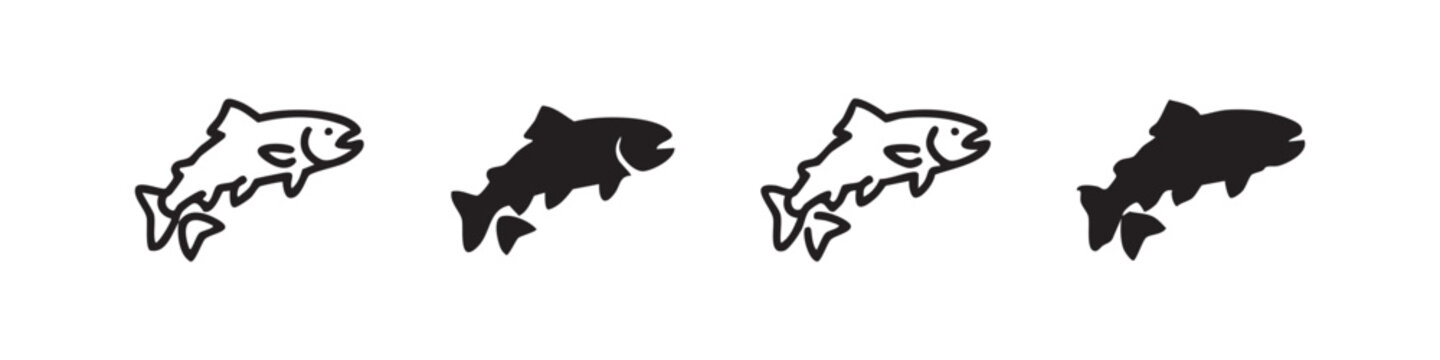 Salmon fish icon set, jumping trout vector illustration in outline and solid styles