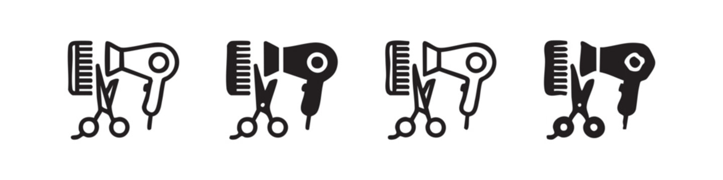 Hairdressing tools icon set, comb scissors and hair dryer vector illustration in outline and solid styles