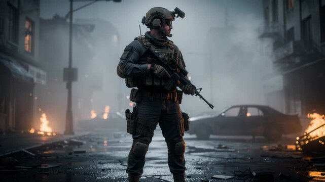 Soldier in tactical gear standing in urban war zone with burning cars and smoke in the background