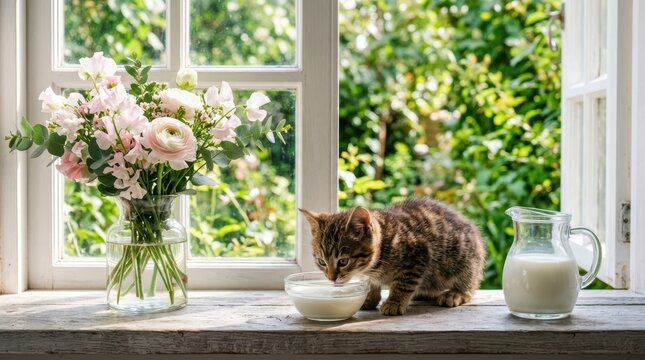 A cute tabby kitten drinking milk from a small glass bowl on a rustic wooden windowsill next to a vase of pink flowers