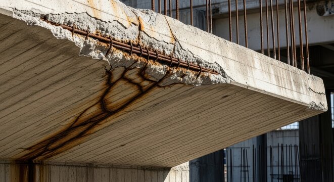 Close-up of damaged concrete structure showing exposed rusted rebar and cracks