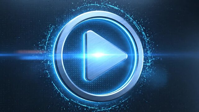 A modern, metallic play button icon with a glowing blue outline on a dark, textured background, representing media and entertainment