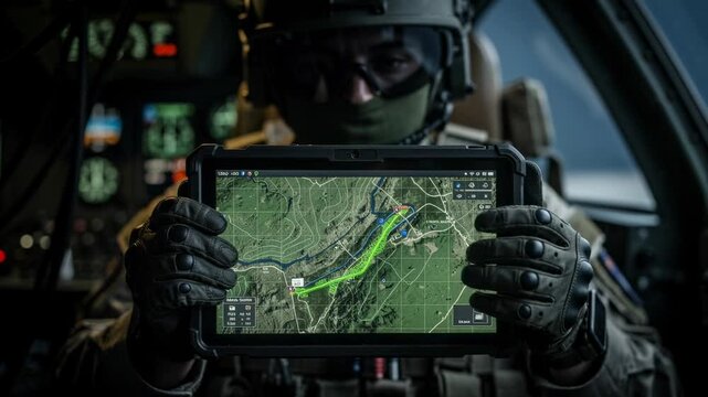 Military soldier holding tablet with tactical map navigation inside helicopter cockpit