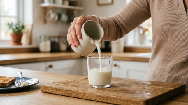 Closeup of a woman pouring fresh milk from a ceramic pitcher into a clear glass on a wooden kitchen counter with toast nearby