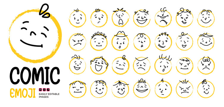 Funny comic faces set with round colorful characters and various emotions in crayon hand drawn style, cute cartoon doodle Illustration